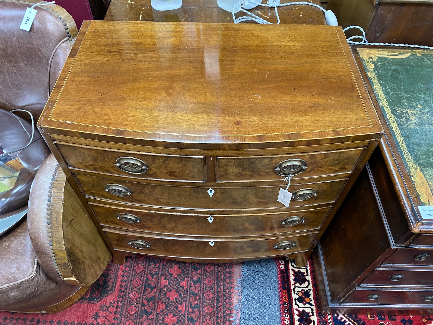 A small Regency and later boxwood strung mahogany bowfront chest, width 78cm, depth 49cm, height 81cm